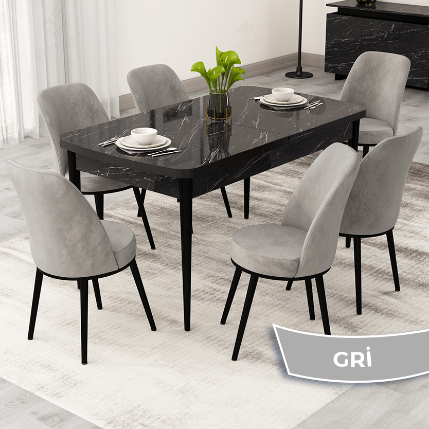 Nix Serisi 70x114 Açılabilir Siyah Mermer Desen Mutfak Masası Takımı Ve 6 Sandalye
