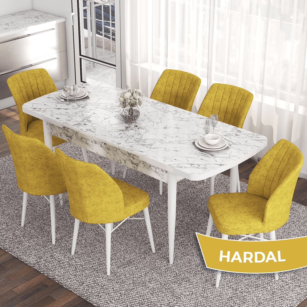 masa beyaz/sandalyeler hardal