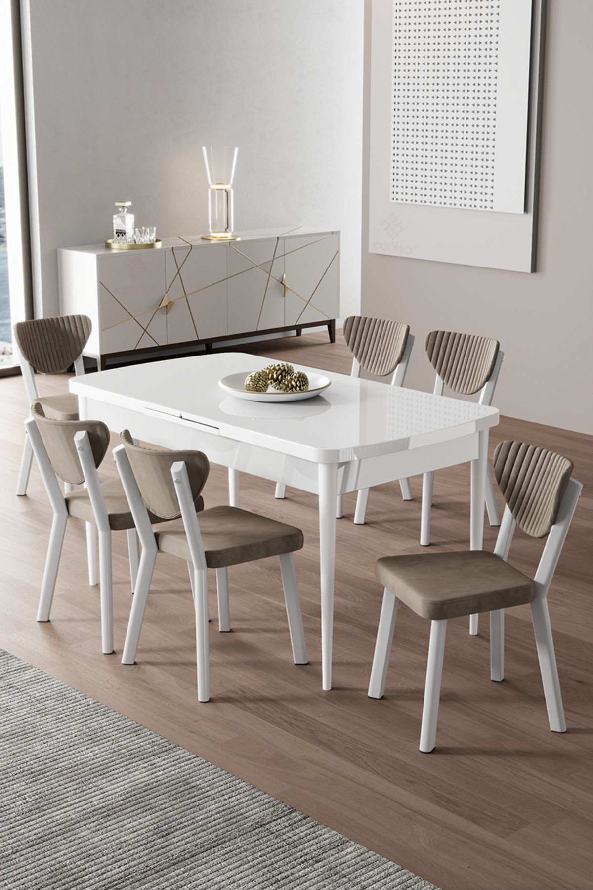 Exve Serisi 80x132 Açılabilir Beyaz Masa Takımı ve 6 Sandalye