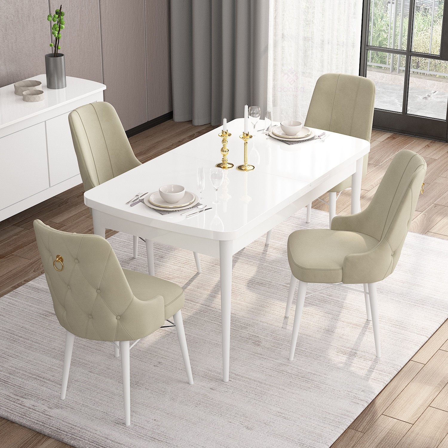 Are Serisi 80x132 Mdf Açılabilir Gold Halka Beyaz Masa Takımı Ve 4 Sandalye