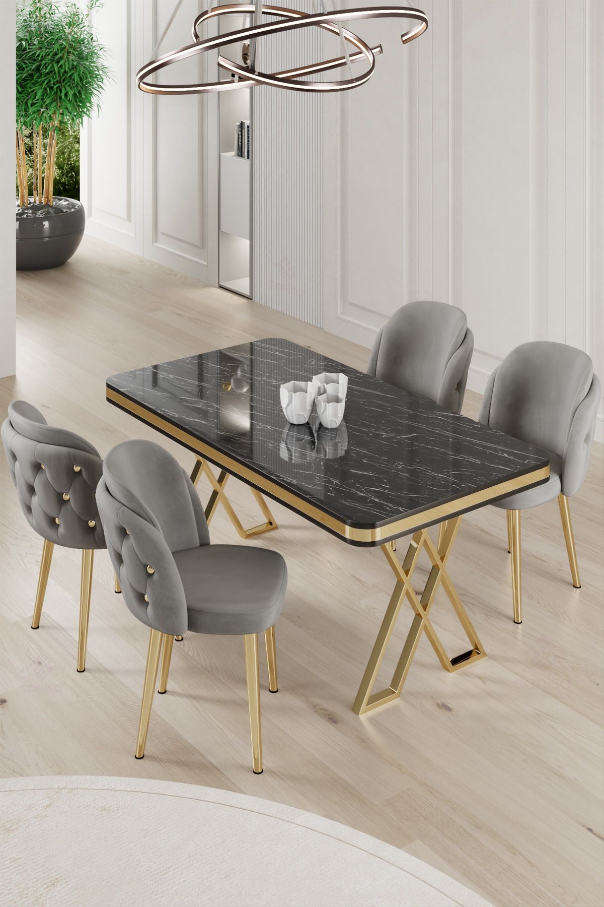 Rigel Serisi 80x130 Lak Panel Sonata Masa ve 4 Sandalye Gold Kaplama Ayak