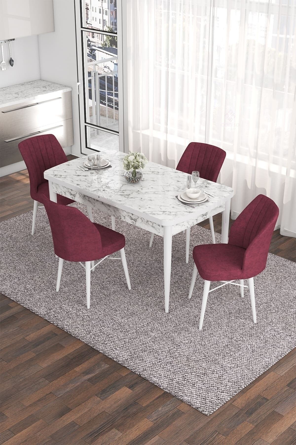 Eva Serisi 80x132 Açılabilir Mdf Beyaz Mermer Desen Masa Takımı Ve 4 Sandalye
