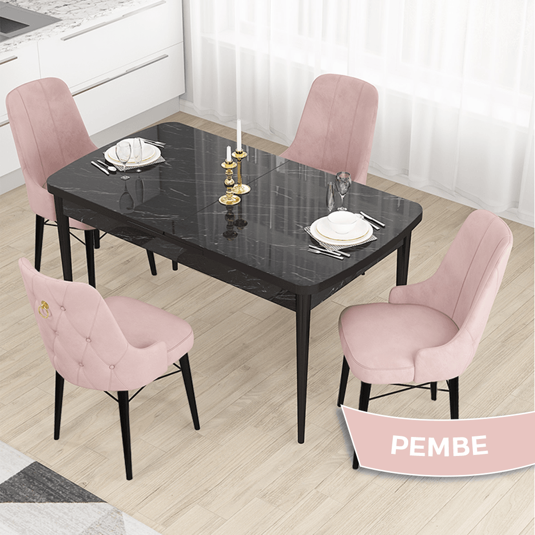 Pembe Sandalye Siyah Mermer Desen Masa