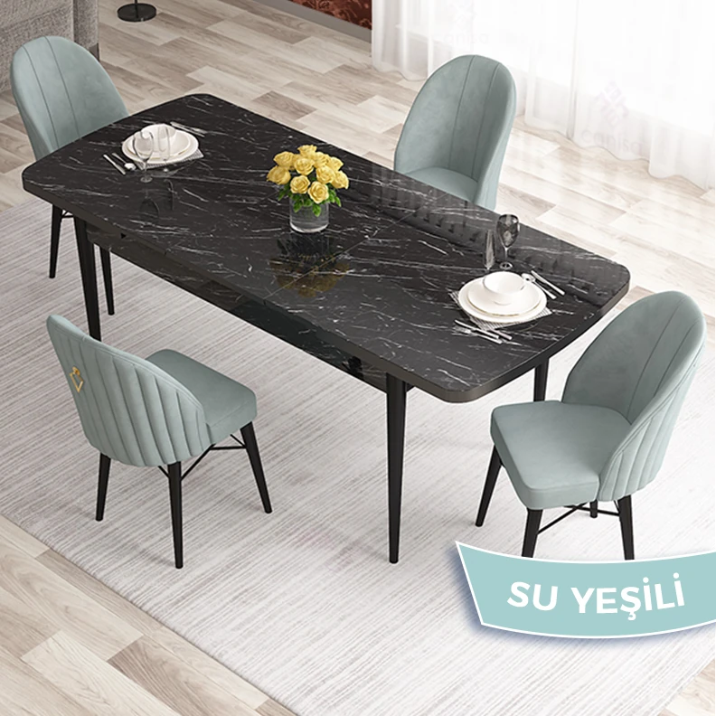 Elf Serisi 80x132 Açılabilir Siyah Mermer Desen Masa Takımı ve 4 Sandalye