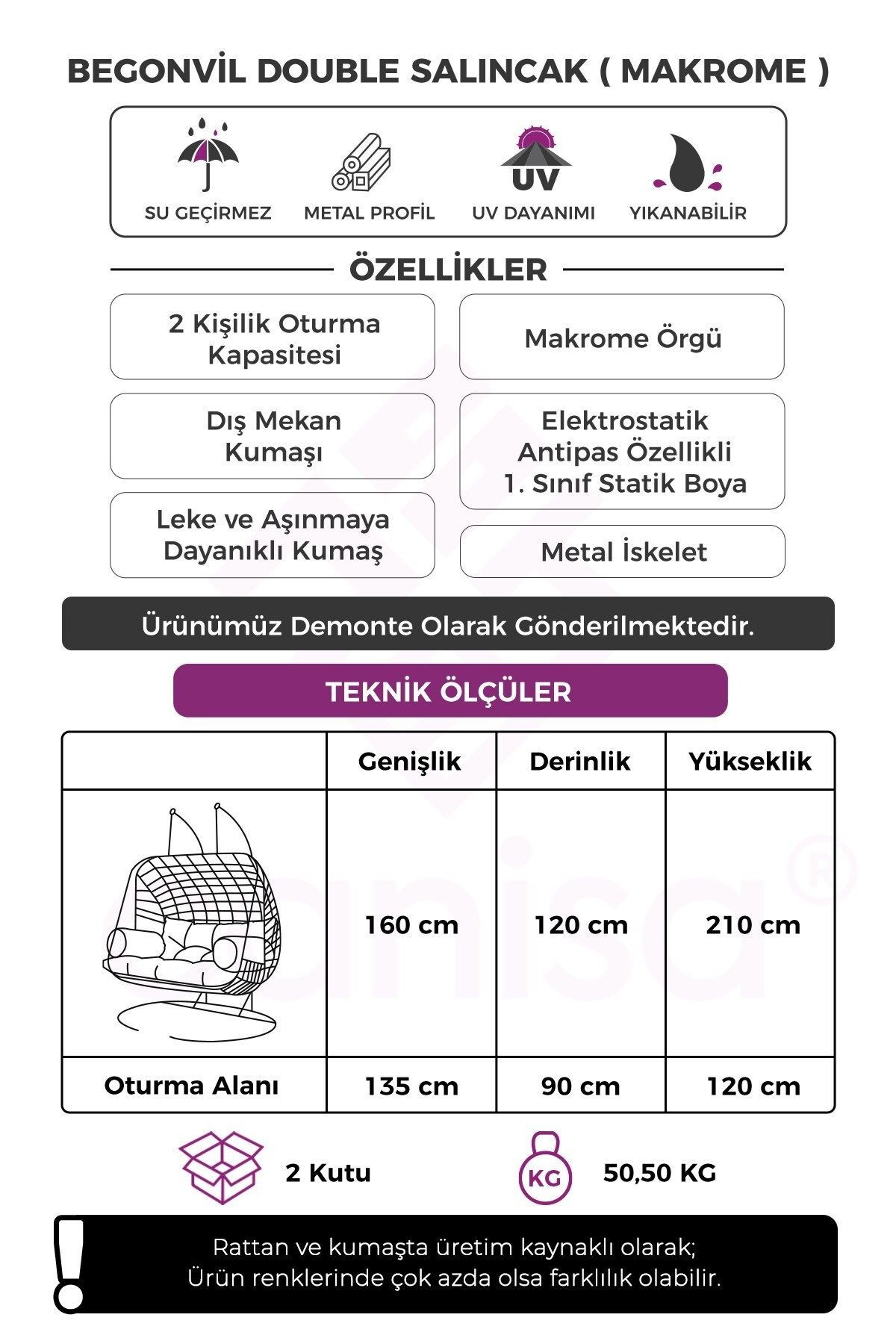 Begonvil Serisi Çift Kişilik Gri Makrome Örgü, Krem Minder Salıncak