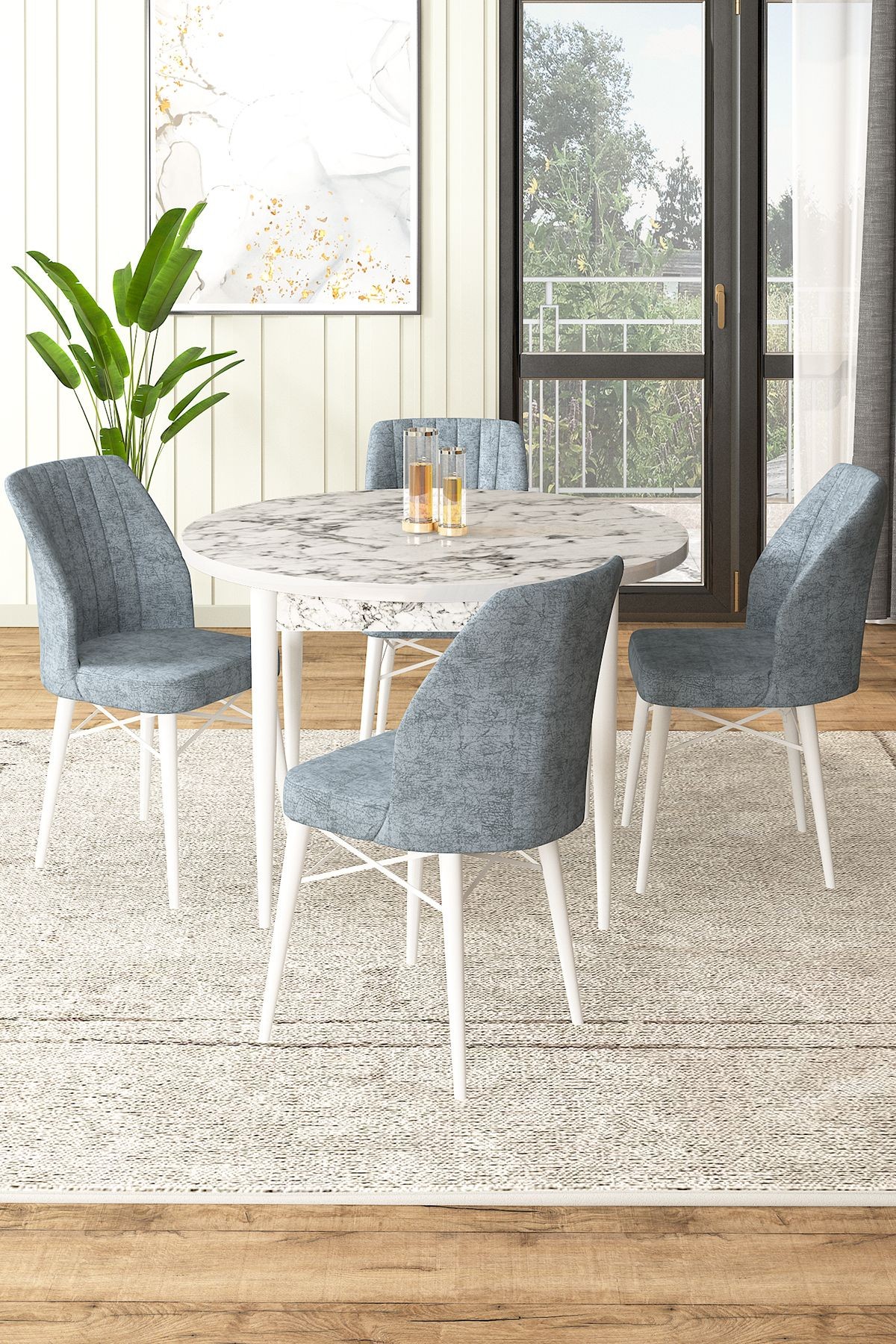 Rox Serisi 90x90 Yuvarlak Sabit Beyaz Mermer Desen Masa Takımı Ve 4 Sandalye