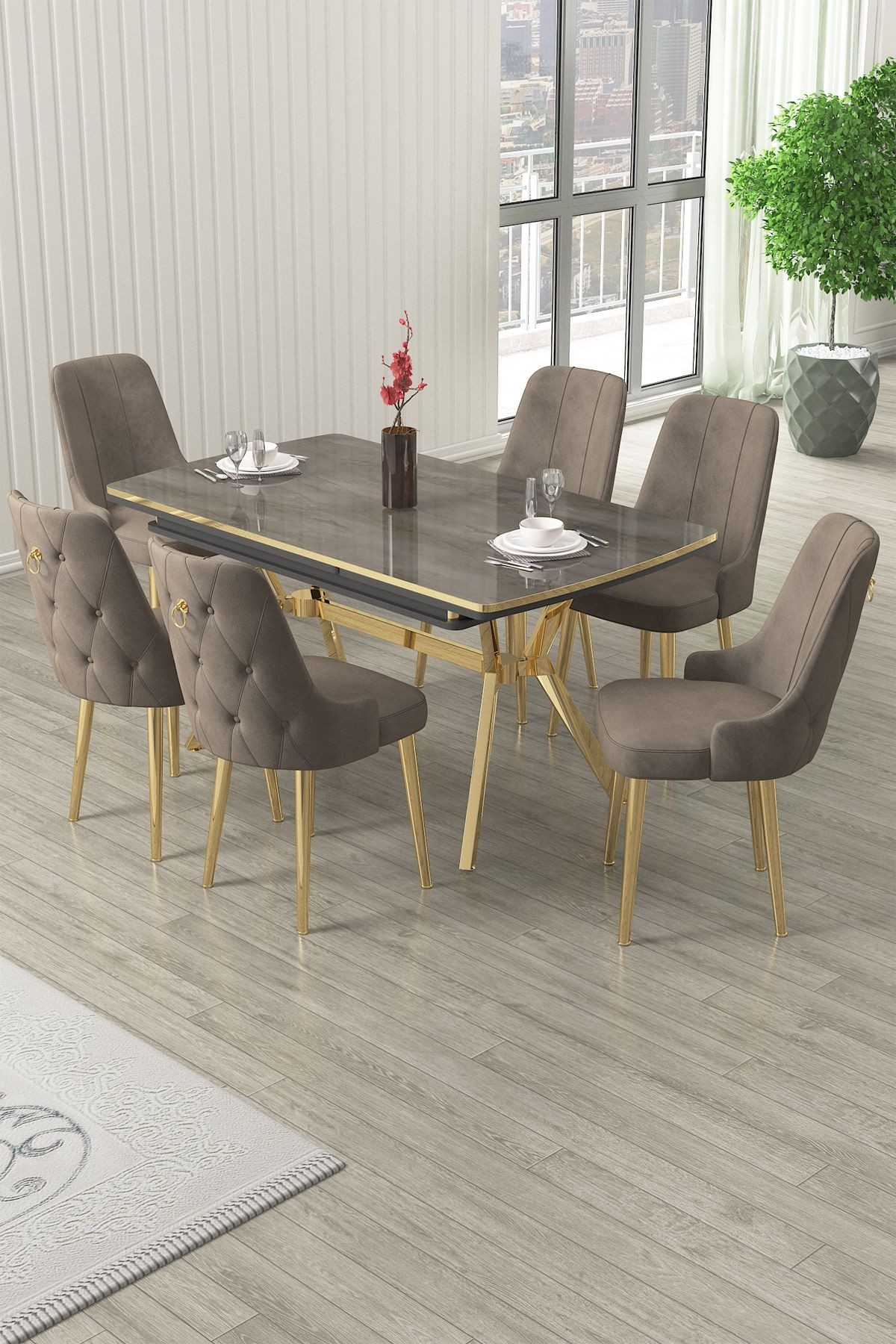 Nis Serisi 89x150 Açılabilir Lak Panel Antrasit İroni Masa ve 6 Sandalye Gold Kaplama Ayak