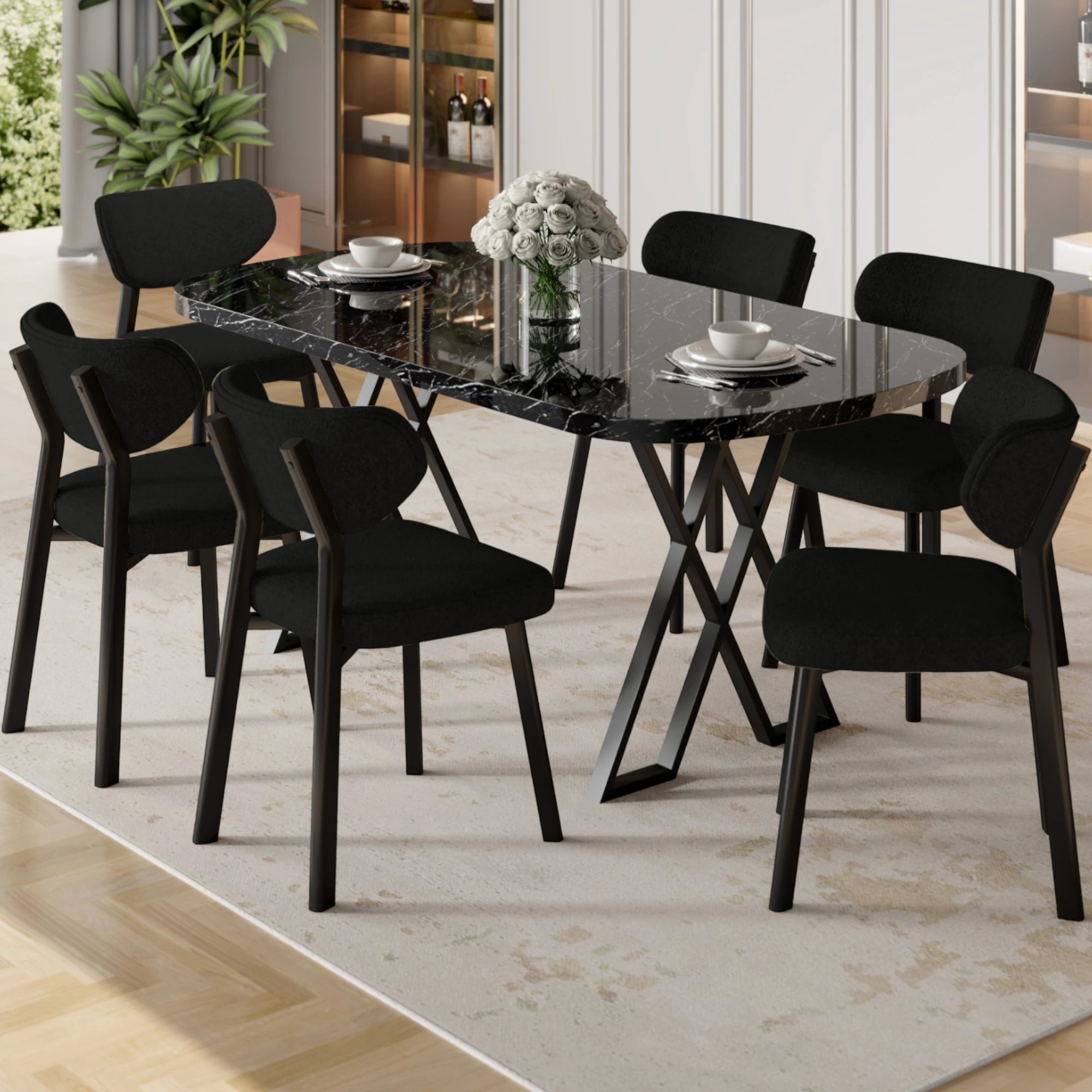 Siyah Sandalye Siyah Mermer Desen Masa