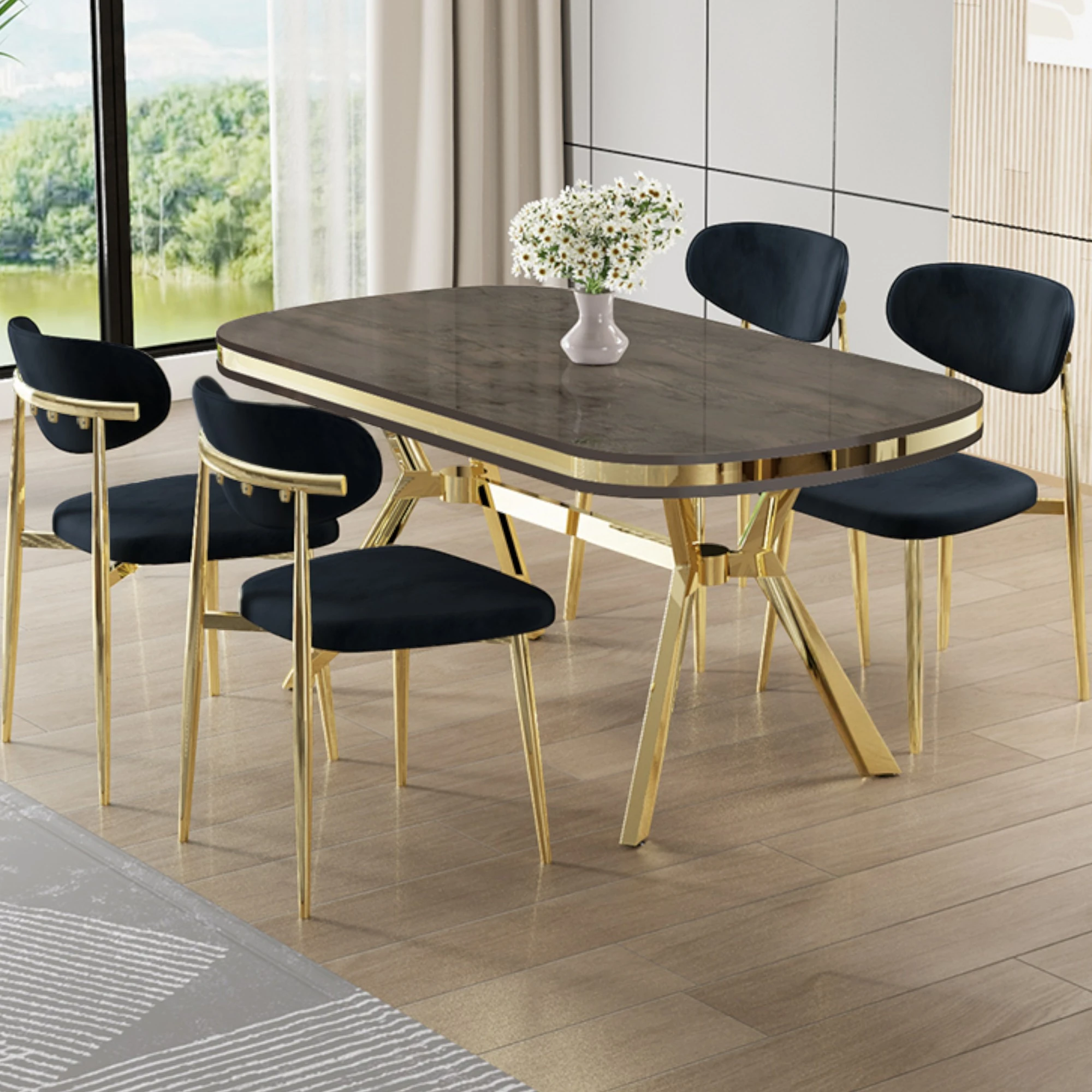 Antrasit İroni Masa Antrasit Sandalye Gold Ayak