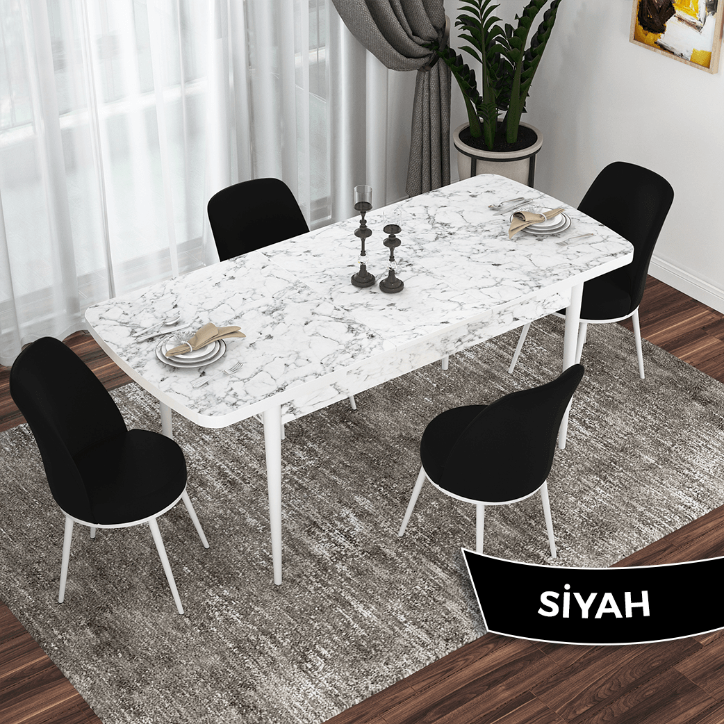 masa beyaz mermer desen sandalye siyah