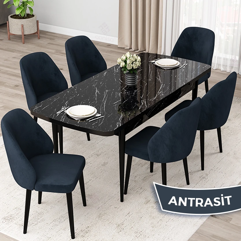 Antrasit Sandalye Siyah Mermer Desen Masa