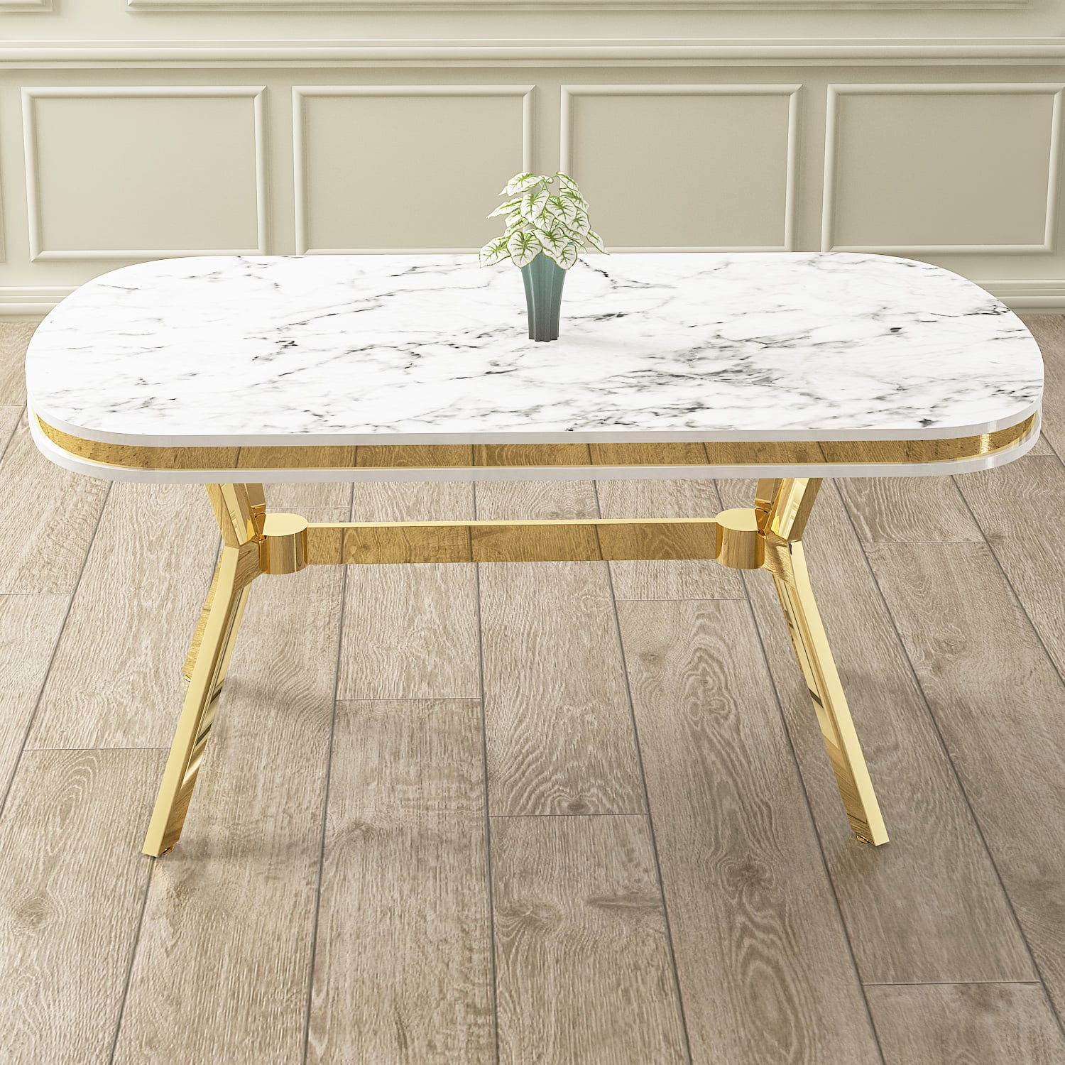 Epal Serisi 90x168 Lak Panel Beyaz Mermer Desen Masa ve 6 Sandalye Gold Kaplama Ayak