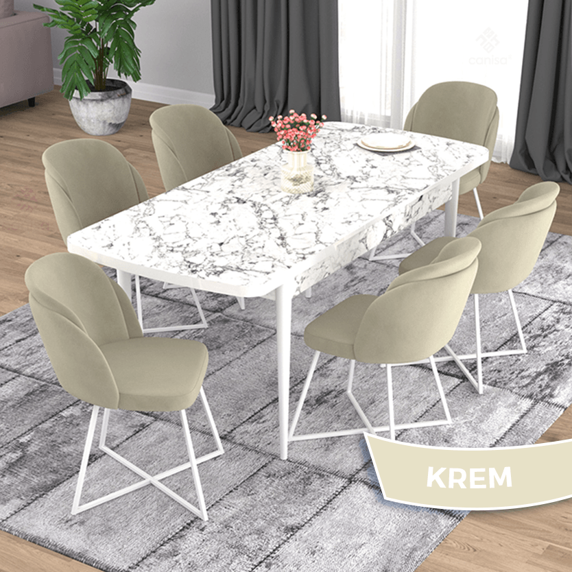 Oga Serisi 80x132 Açılabilir Beyaz Mermer Desen Masa Takımı Ve 6 Sandalye