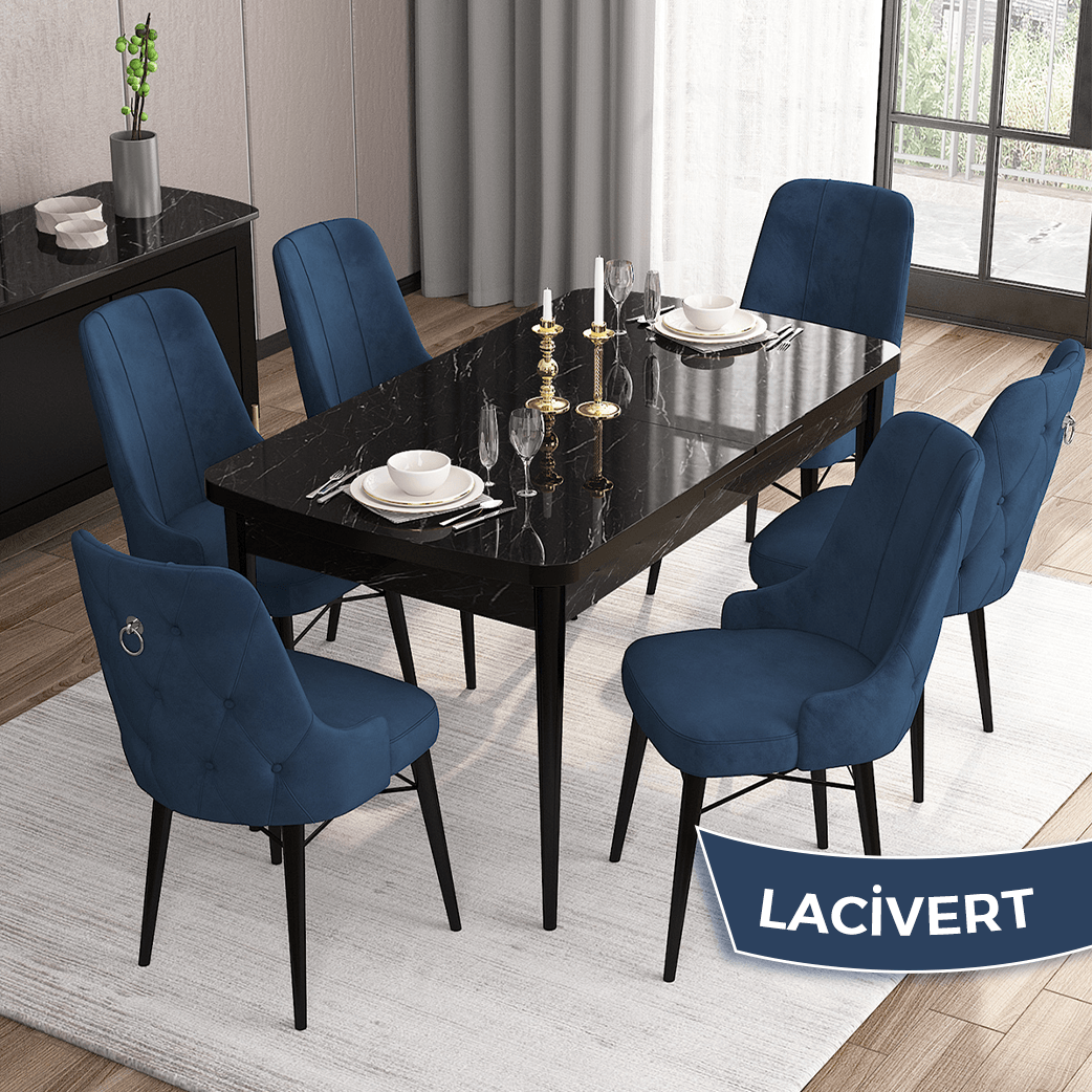 Lacivert Sandalye Siyah Mermer Desen Masa