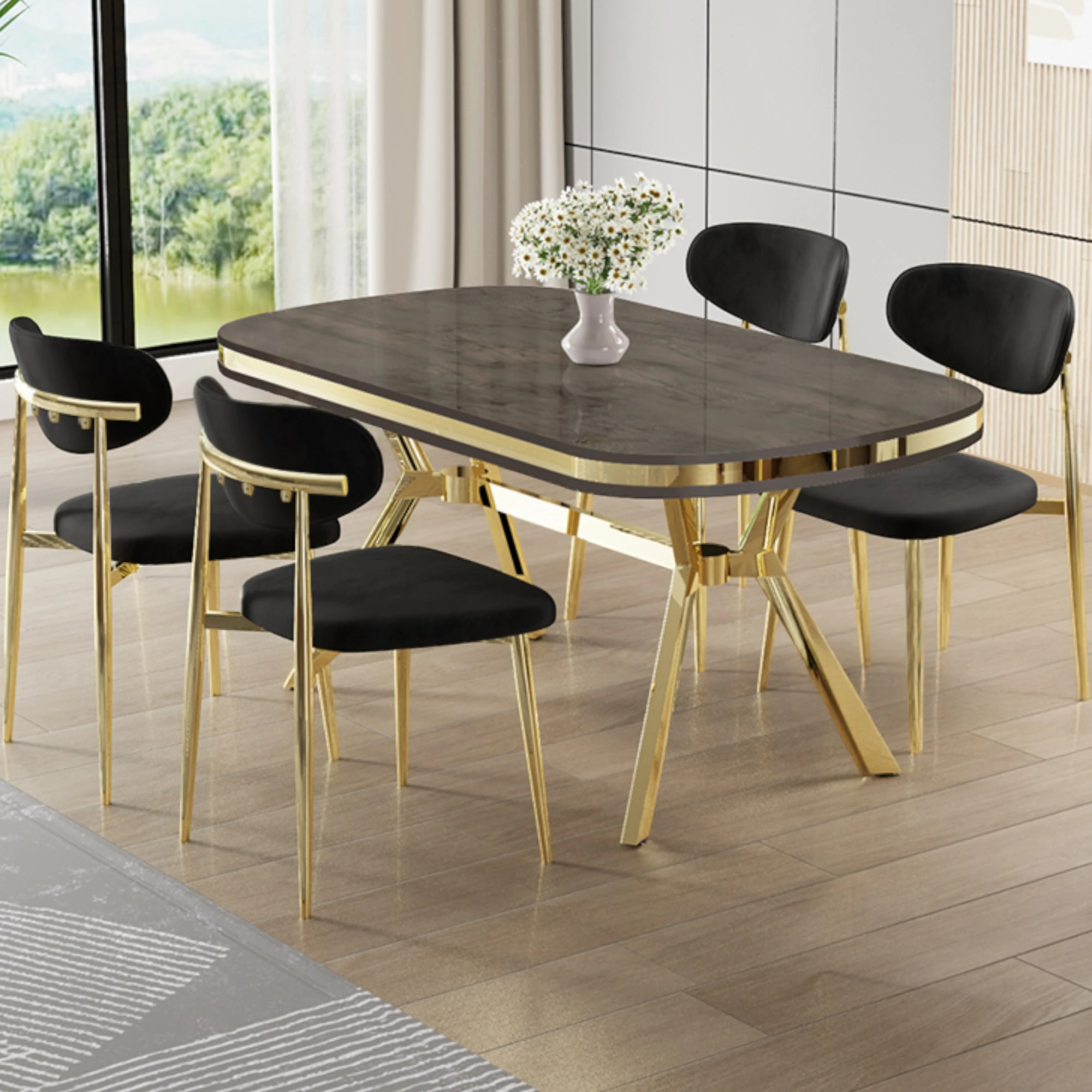 Antrasit İroni Masa Siyah Sandalye Gold Ayak