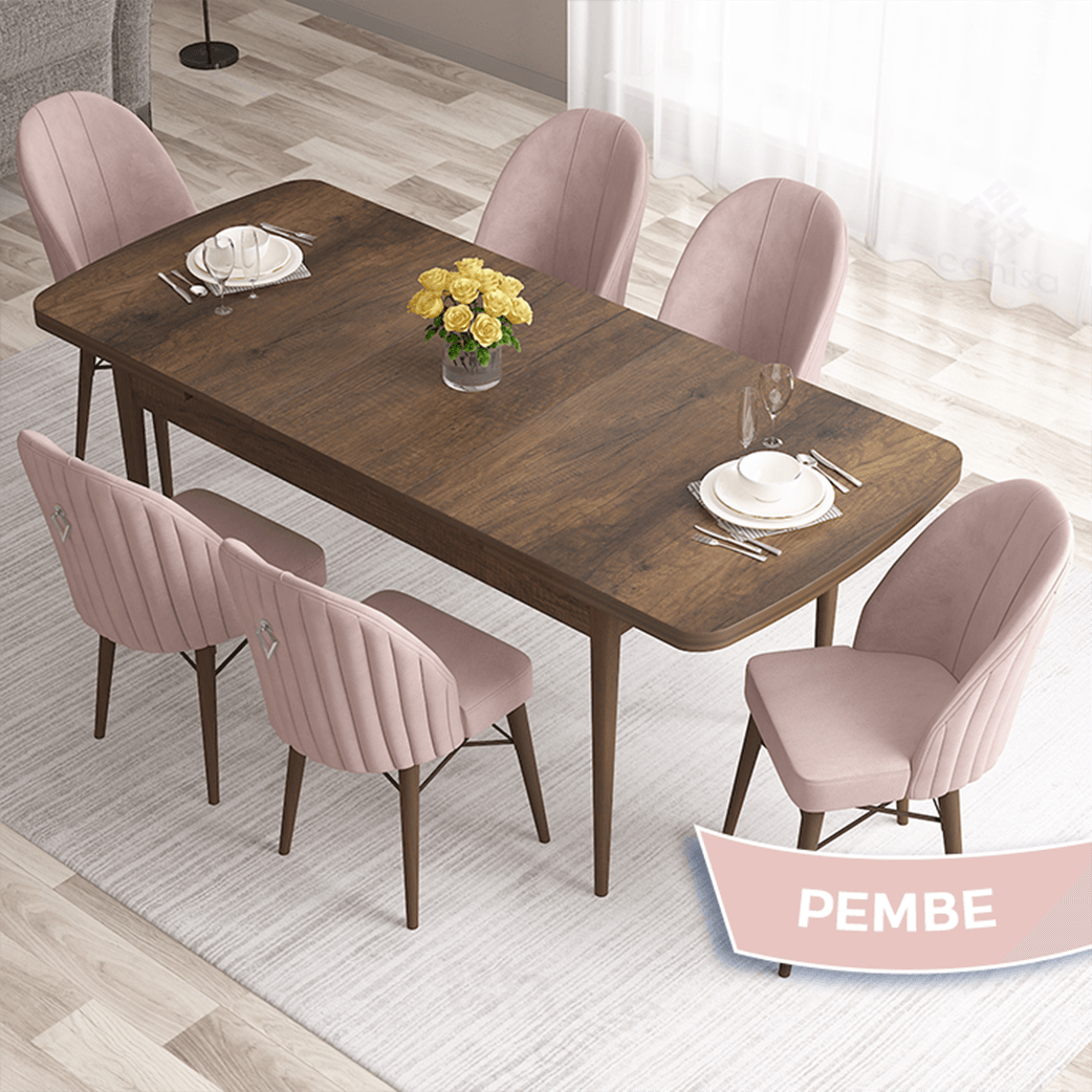 Roz Serisi 80x132 Mdf Açılabilir Gümüş Halka Barok Ahşap Desen Masa Takımı Ve 6 Sandalye