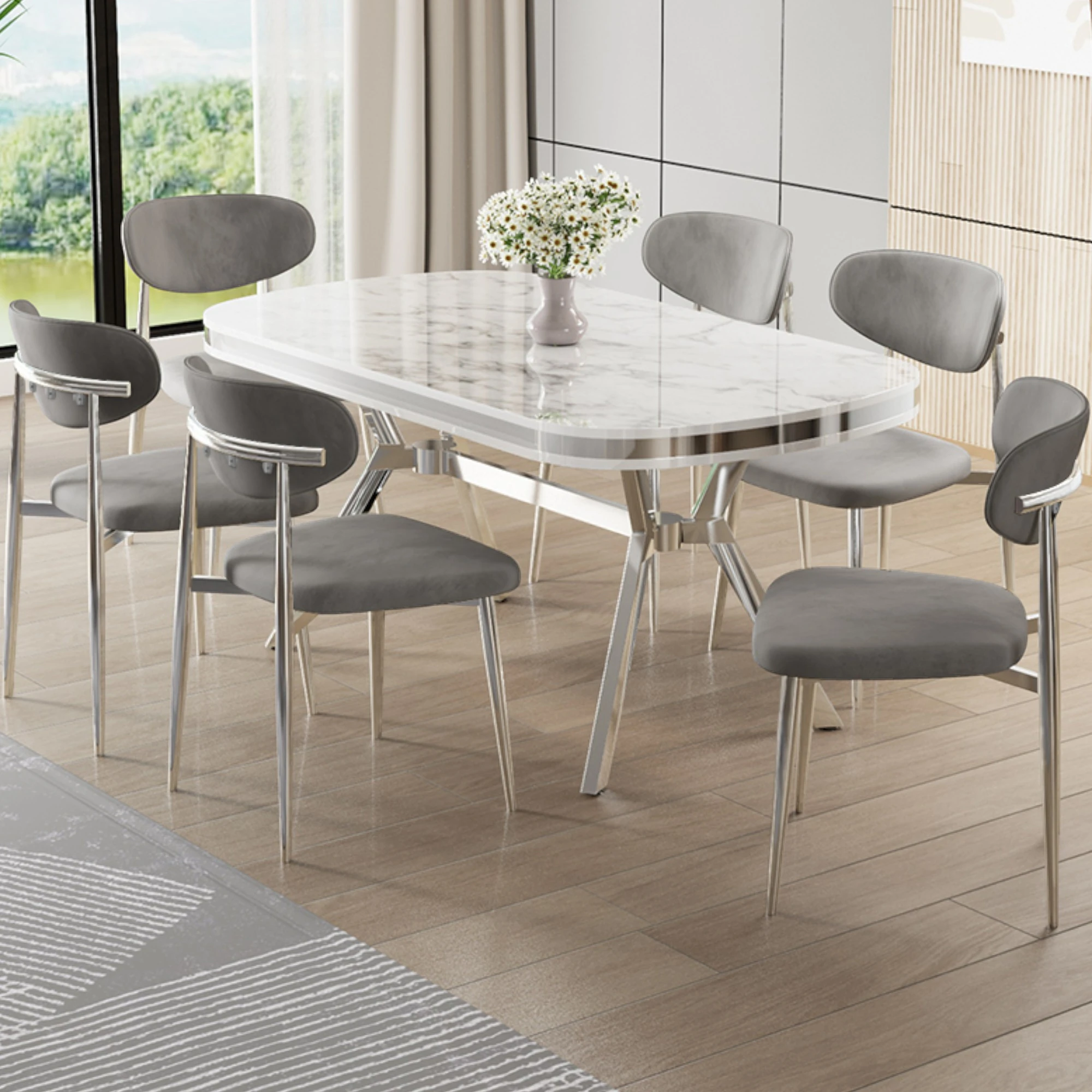 Beyaz Mermer Desen Masa Gri Sandalye Krom Ayak