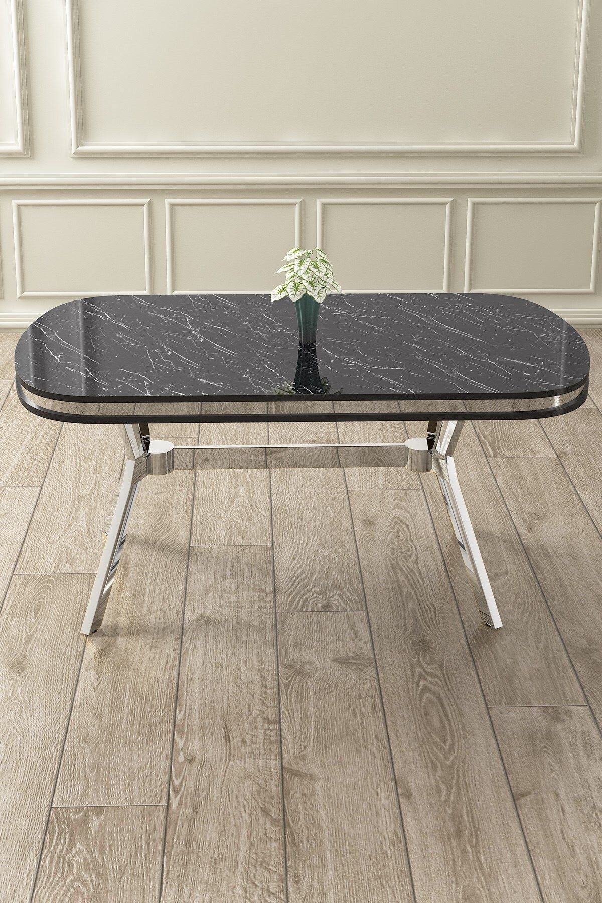 Jita Serisi 90x168 Lak Panel Sonata Masa ve 6 Sandalye Krom Kaplama Ayak