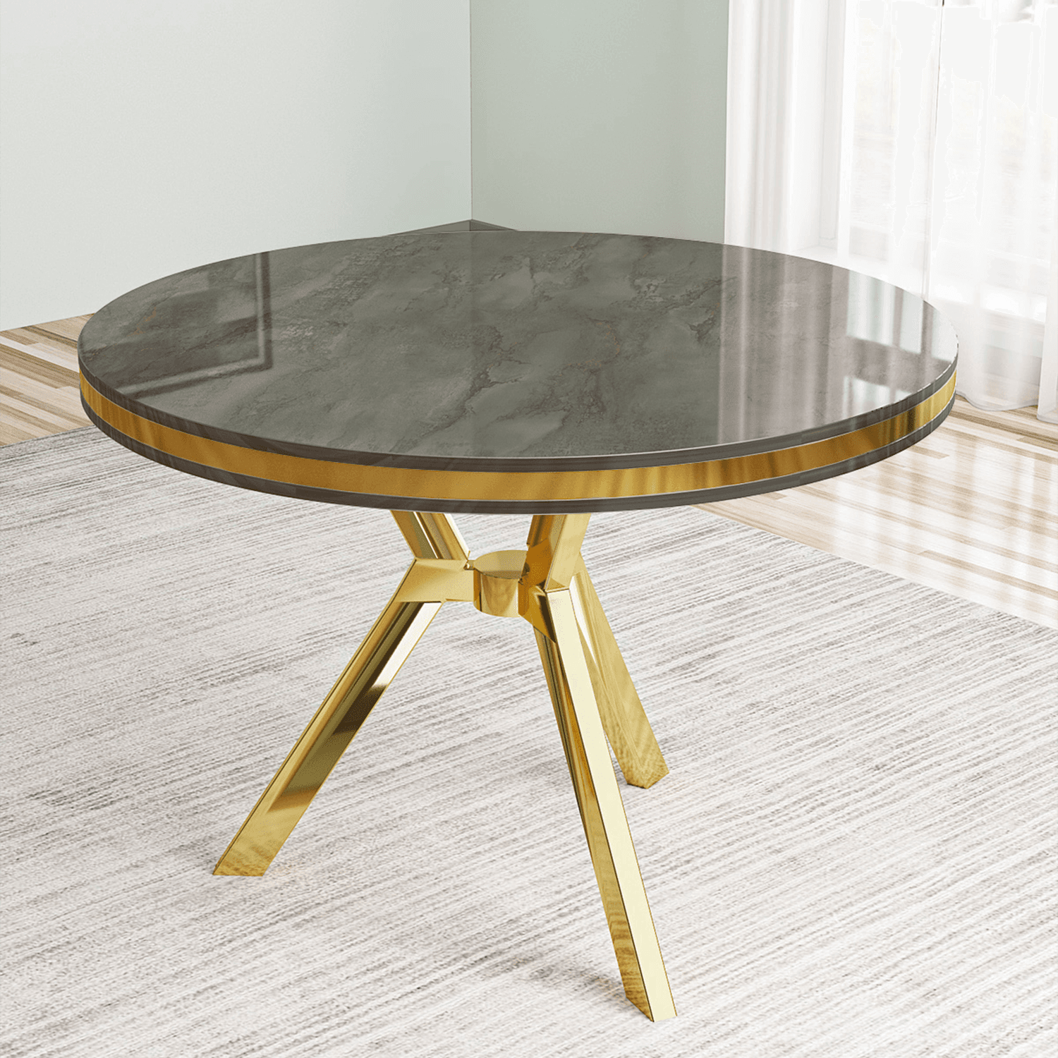 Mos Serisi 90x90 Lak Panel Antrasit İroni Gold Kaplama Ayaklı Masa Takımı ve 4 Sandalye