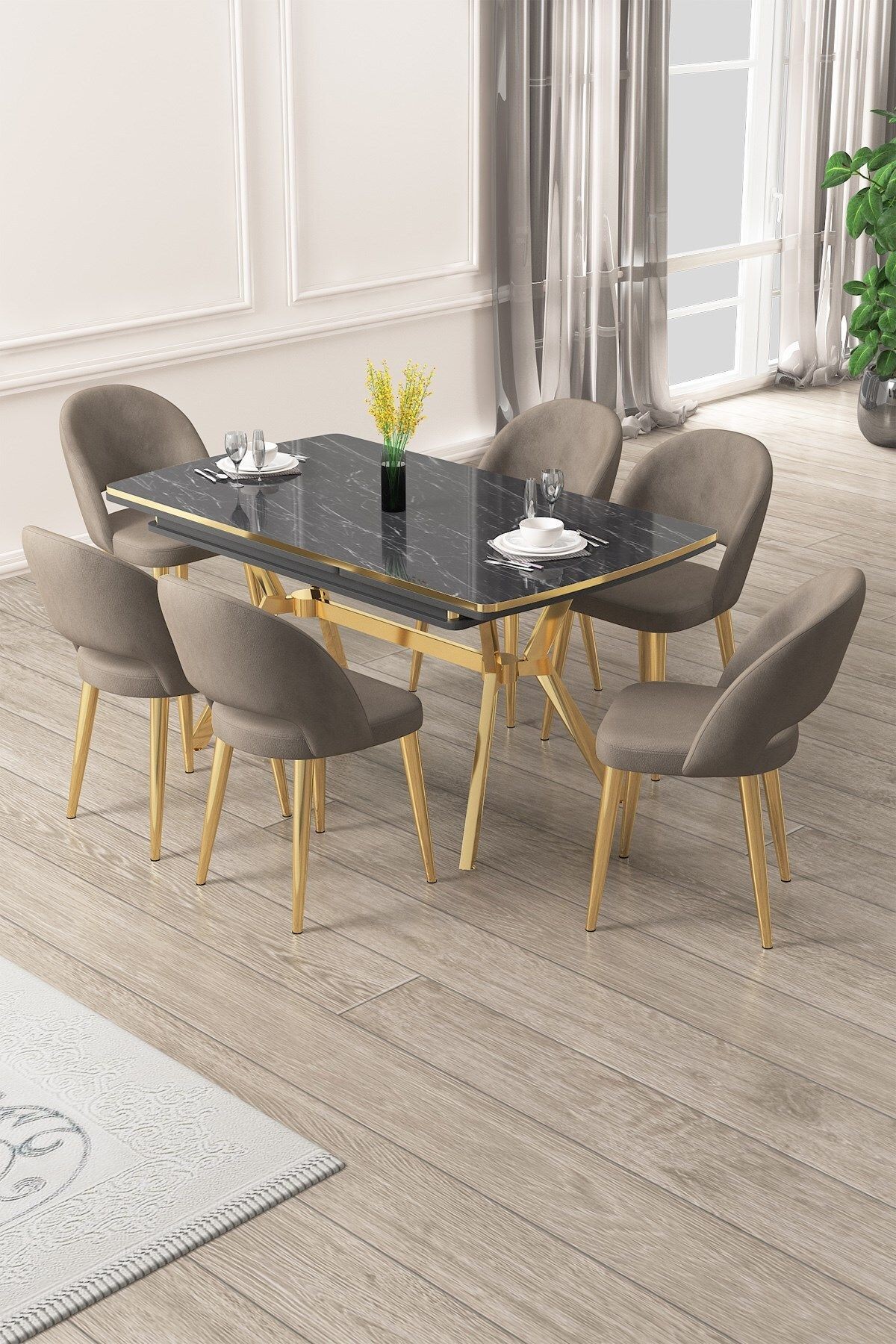 siyah mermer masa cappucino sandalye gold ayak