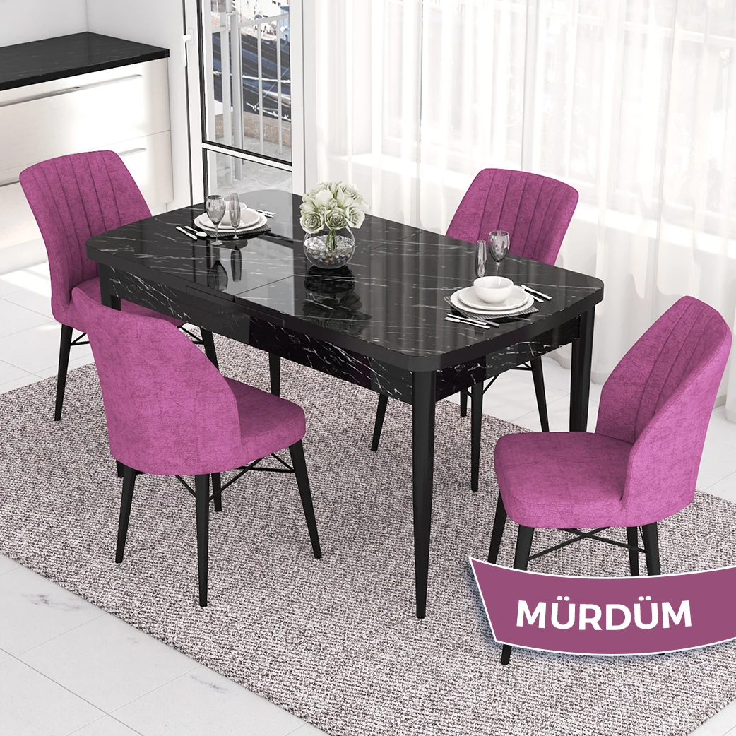 Masa Siyah Mermer Desen Mor Sandalye