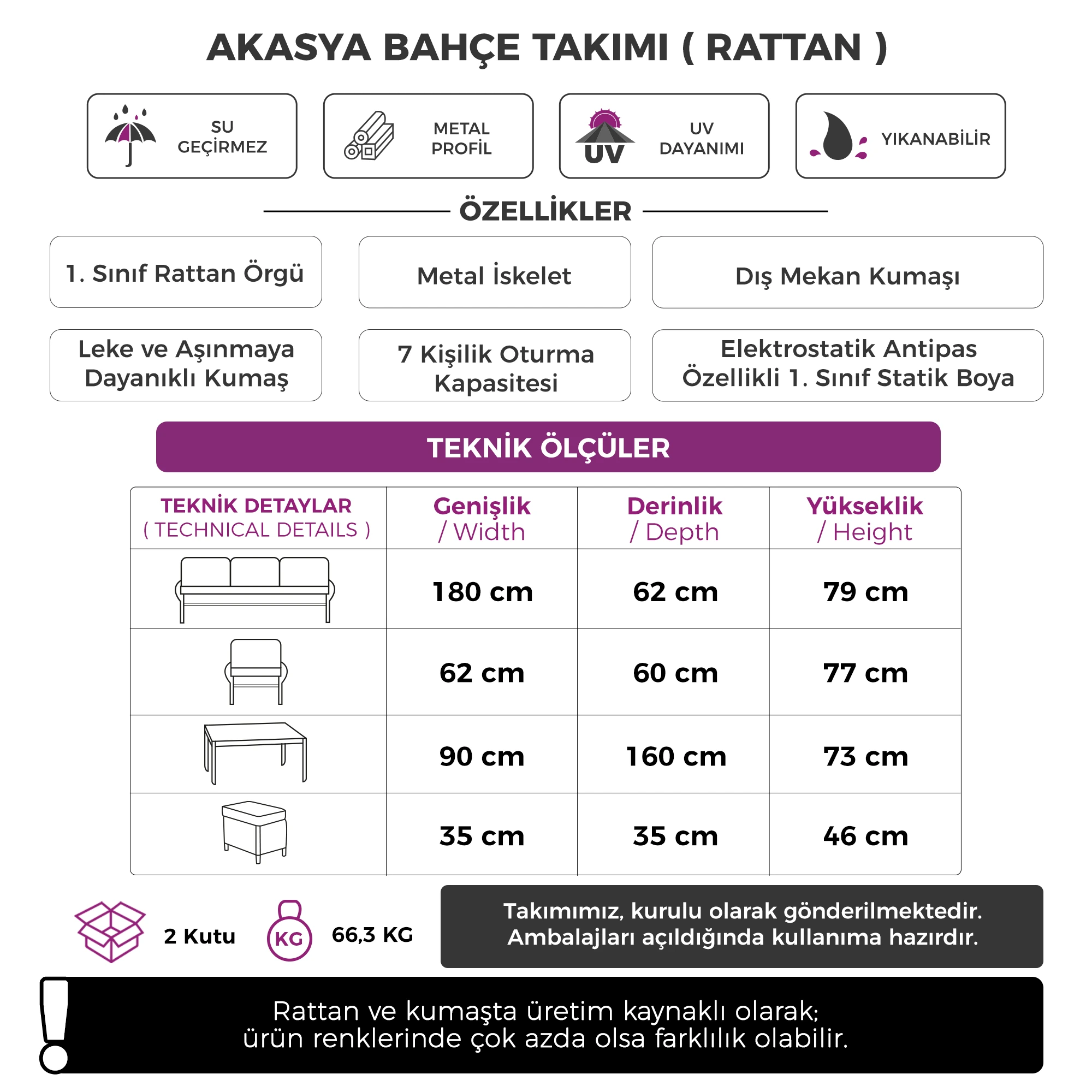 Akasya Serisi 1. Sınıf Antrasit Rattan Antrasit Minder Bahçe Takımı, Balkon Takımı