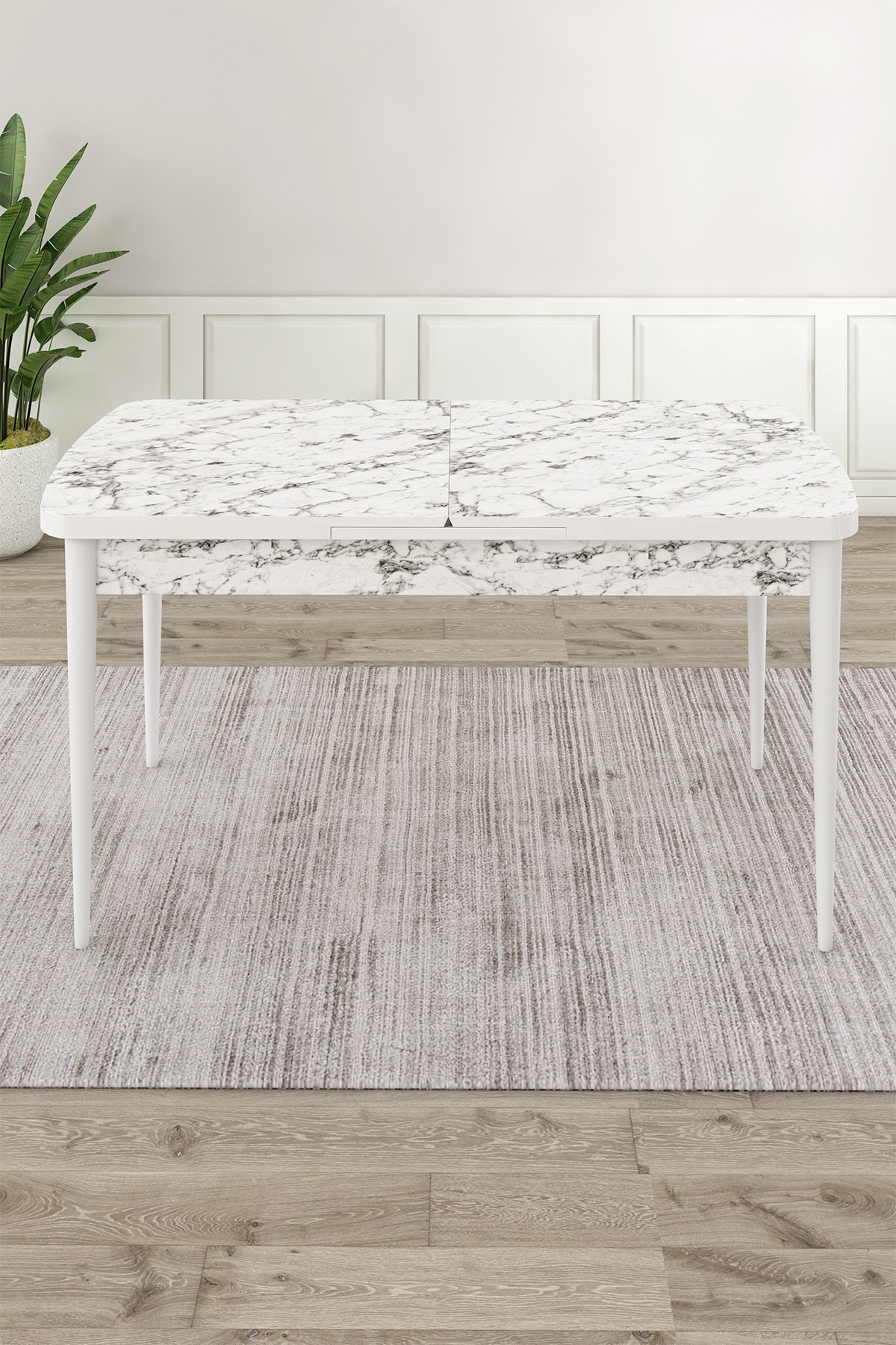 Elf Serisi 80x132 Açılabilir Beyaz Mermer Desen Masa Takımı ve 4 Sandalye