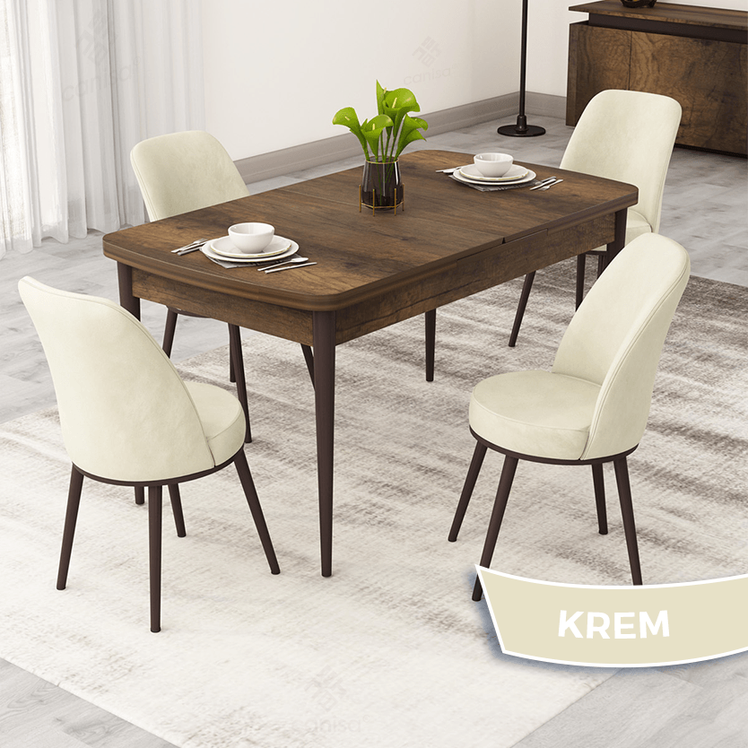 Rax Serisi 80x132 Açılabilir Barok Ahşap Desen Masa Takımı ve 4 Sandalye