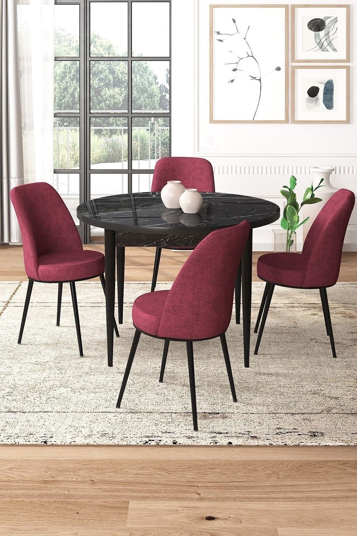 siyah mermer desen masa, bordo sandalye