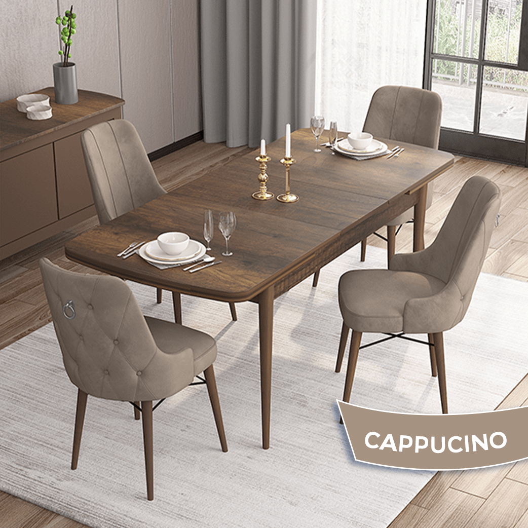 Are Serisi 80x132 Mdf Açılabilir Gümüş Halka Barok Ahşap Desen Masa Takımı Ve 4 Sandalye