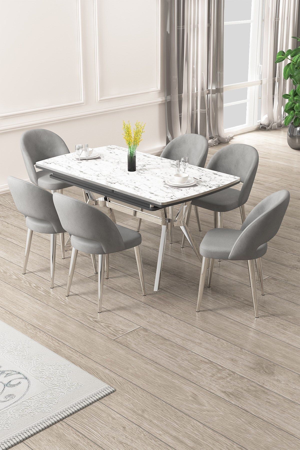 Weps Serisi 89x150 Açılabilir Lak Panel Beyaz Mermer Krom Ayak Masa Takımı ve 6 Gri Sandalye