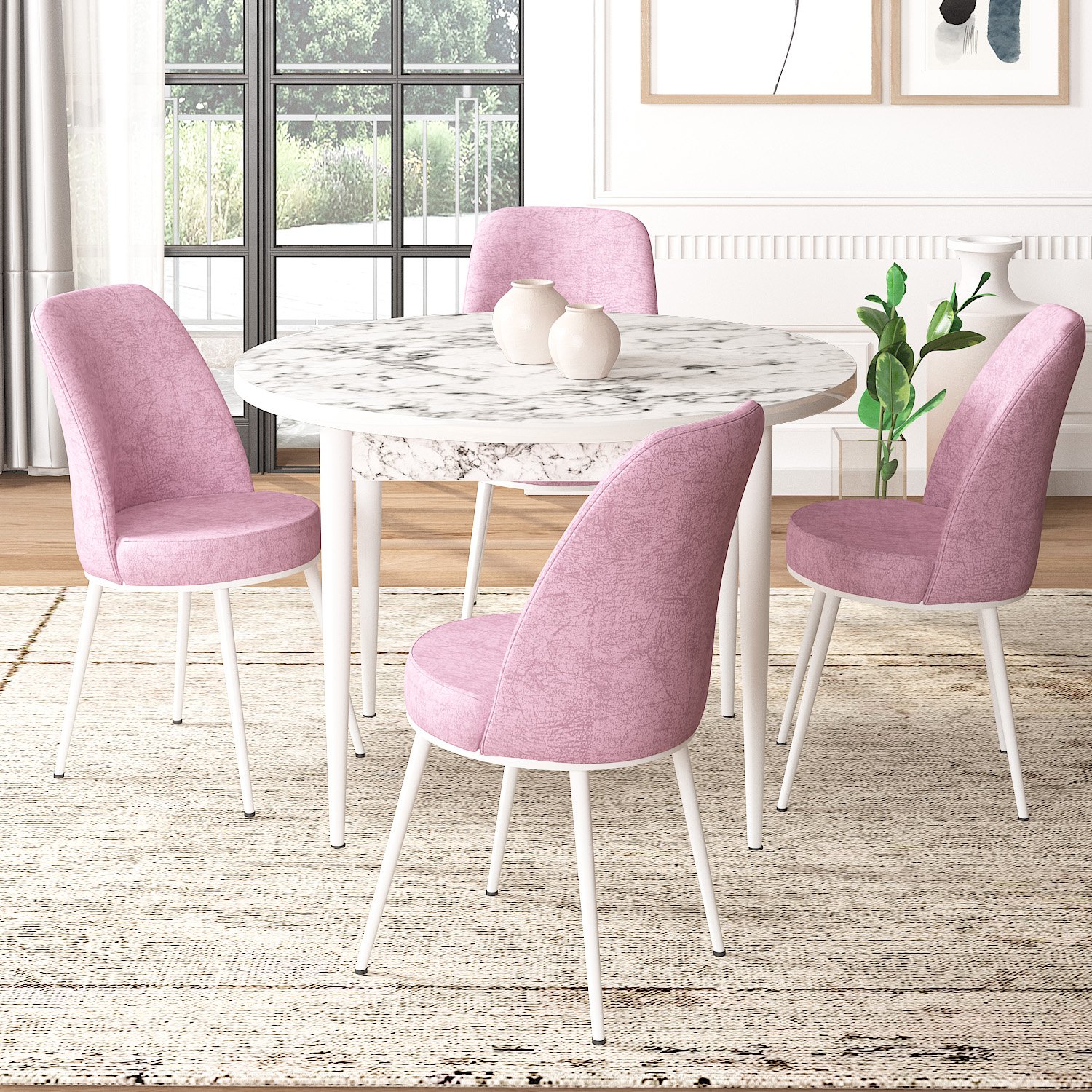 masa beyaz mermer desen sandalyeler pembe