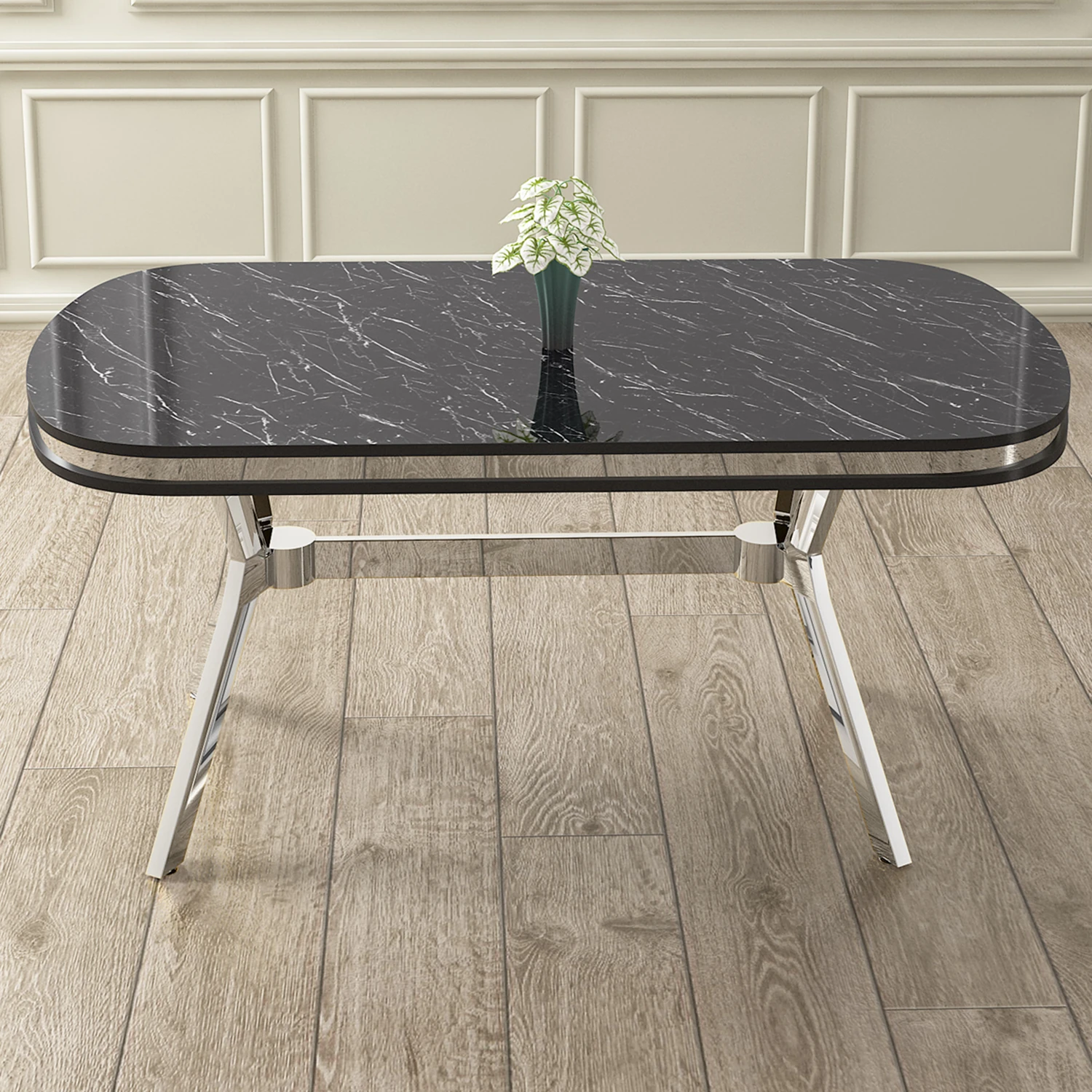 Olya Serisi 90x168 Lak Panel Sonata Masa Takımı Krom Ayaklı 6 Sandalye