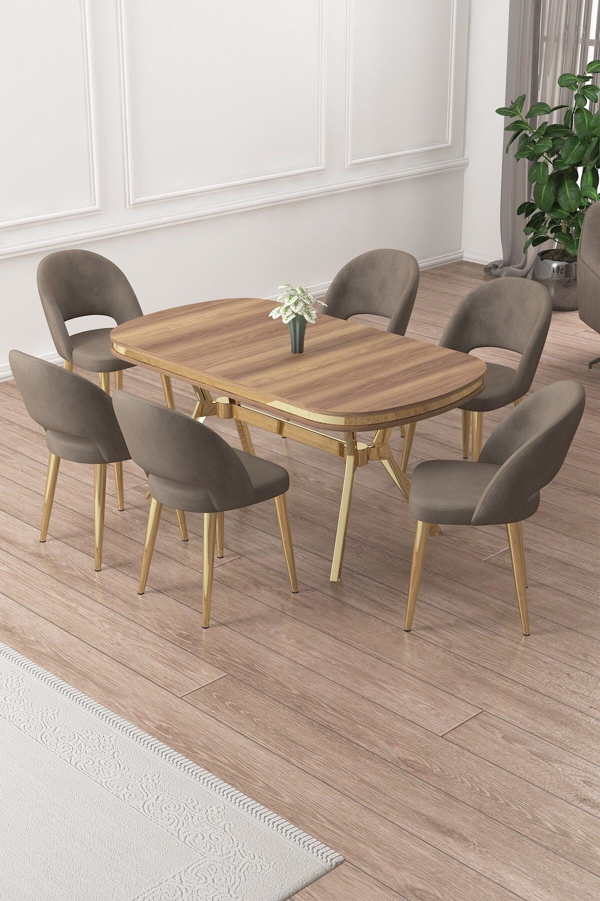 Jita Serisi 90x168 Lak Panel Hazar Masa ve 6 Sandalye Gold Kaplama Ayak