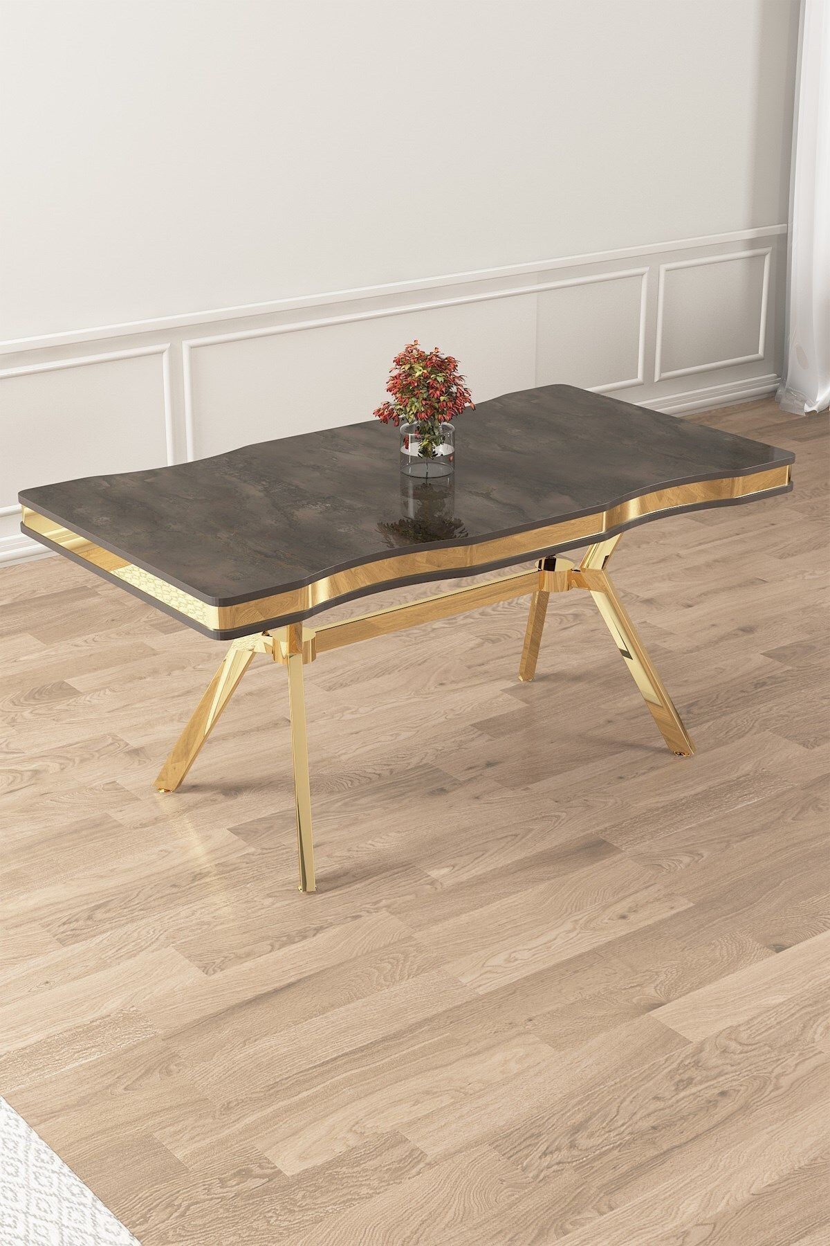 Vae Serisi 90x160 Lak Panel Antrasit İroni Masa ve 6 Sandalye Gold Kaplama Ayak