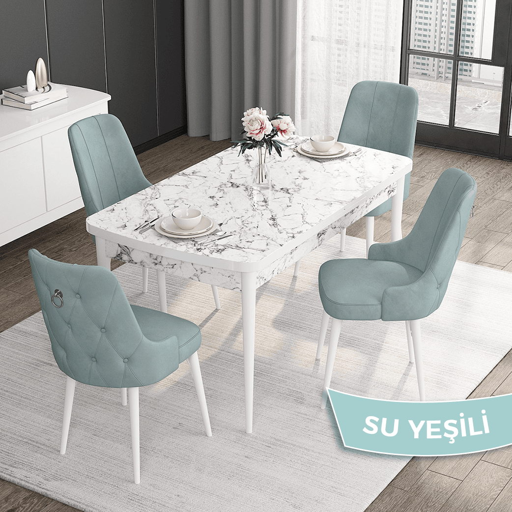 masa beyaz mermer desen sandalye su yeşil