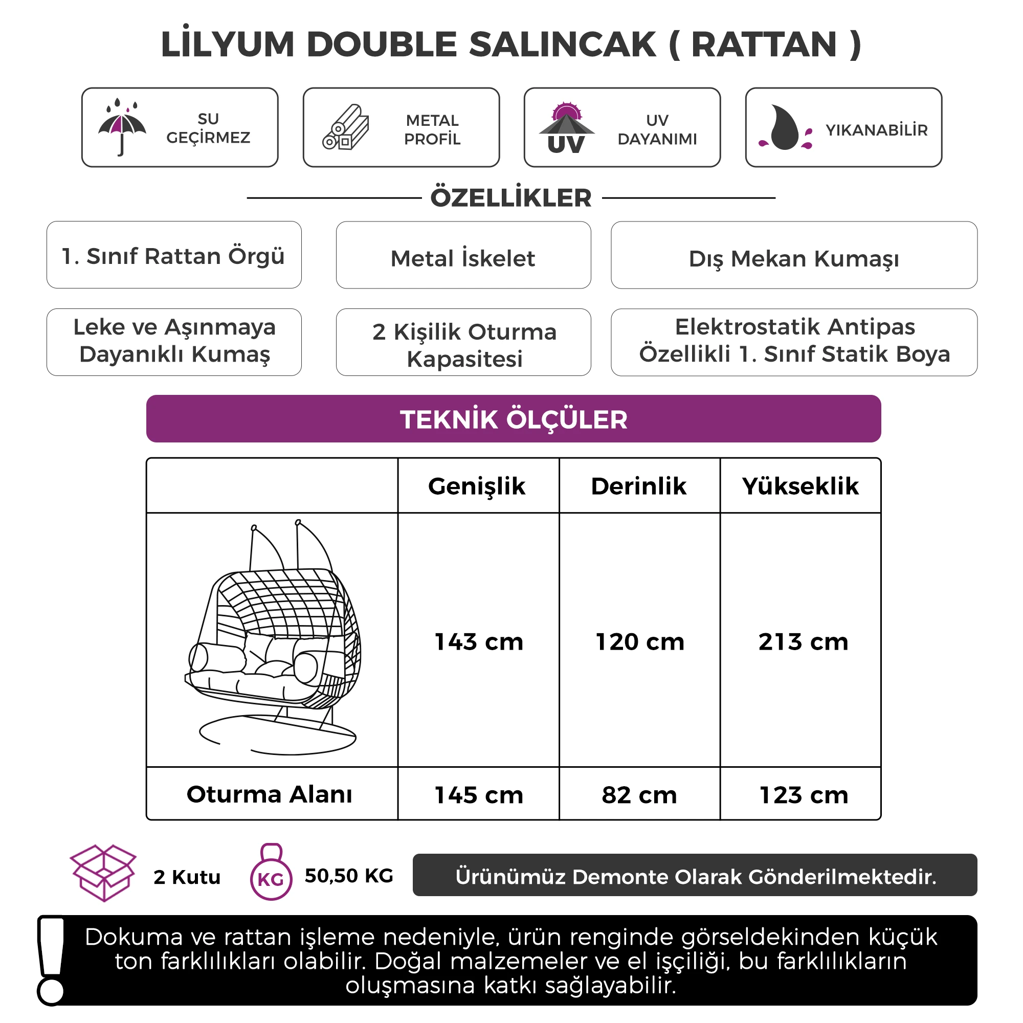 Lilyum Serisi Çift Kişilik Rattan Örgü Krem Minder Salıncak