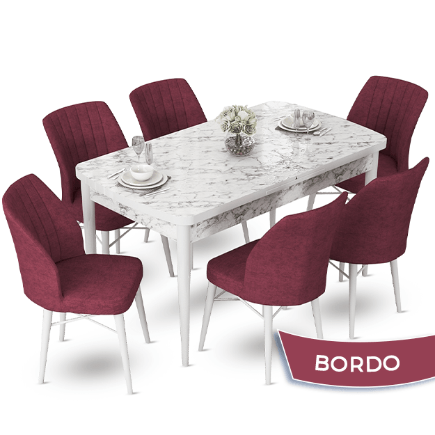 masa beyaz sandalyeler bordo