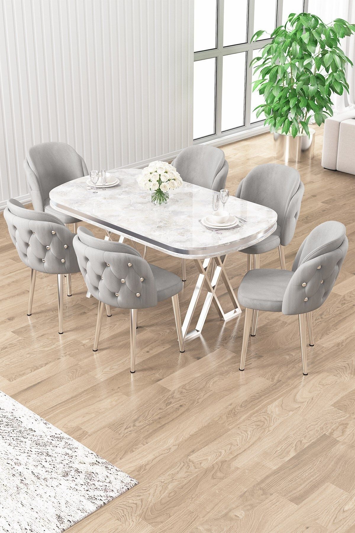 Zae Serisi 90x168 Lak Panel Rampla Gri Masa ve 6 Sandalye Krom Kaplama Ayak
