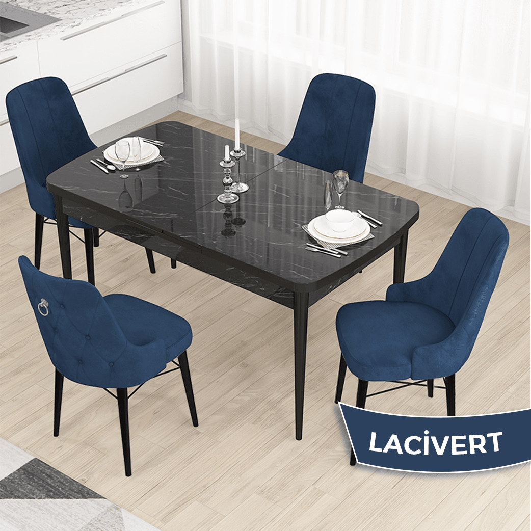 Lacivert Sandalye Siyah Mermer Desen Masa