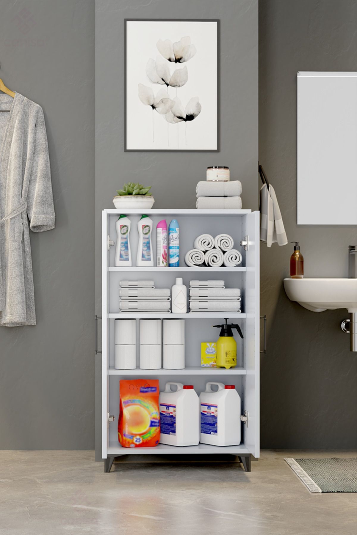 Polax Beyaz Çok Amaçlı Kapaklı Siyah Dekoratif Kulplu Banyo Dolabı
