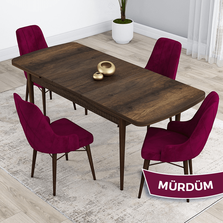 Kar Serisi 80X132 Mdf Açılabilir Barok Ahşap Desen Masa Takımı Ve 4 Sandalye
