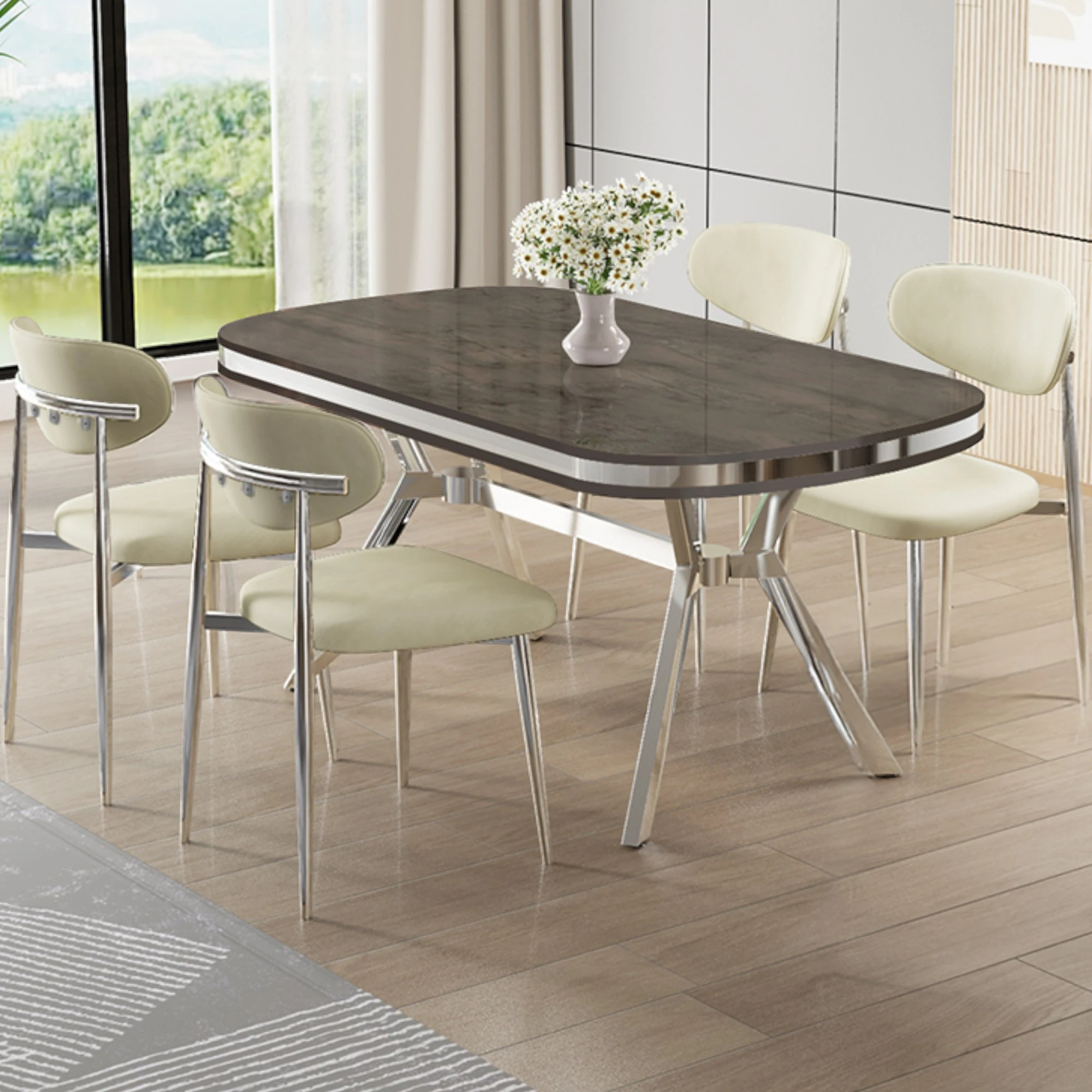 Antrasit ironi Masa Krem Sandalye Krom Ayak