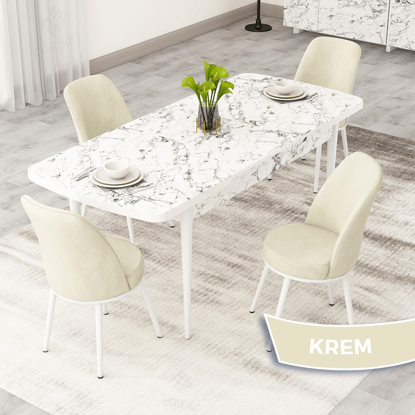 Nix Serisi 70x114 Açılabilir Beyaz Mermer Desen Mutfak Masası Takımı ve 4 Sandalye