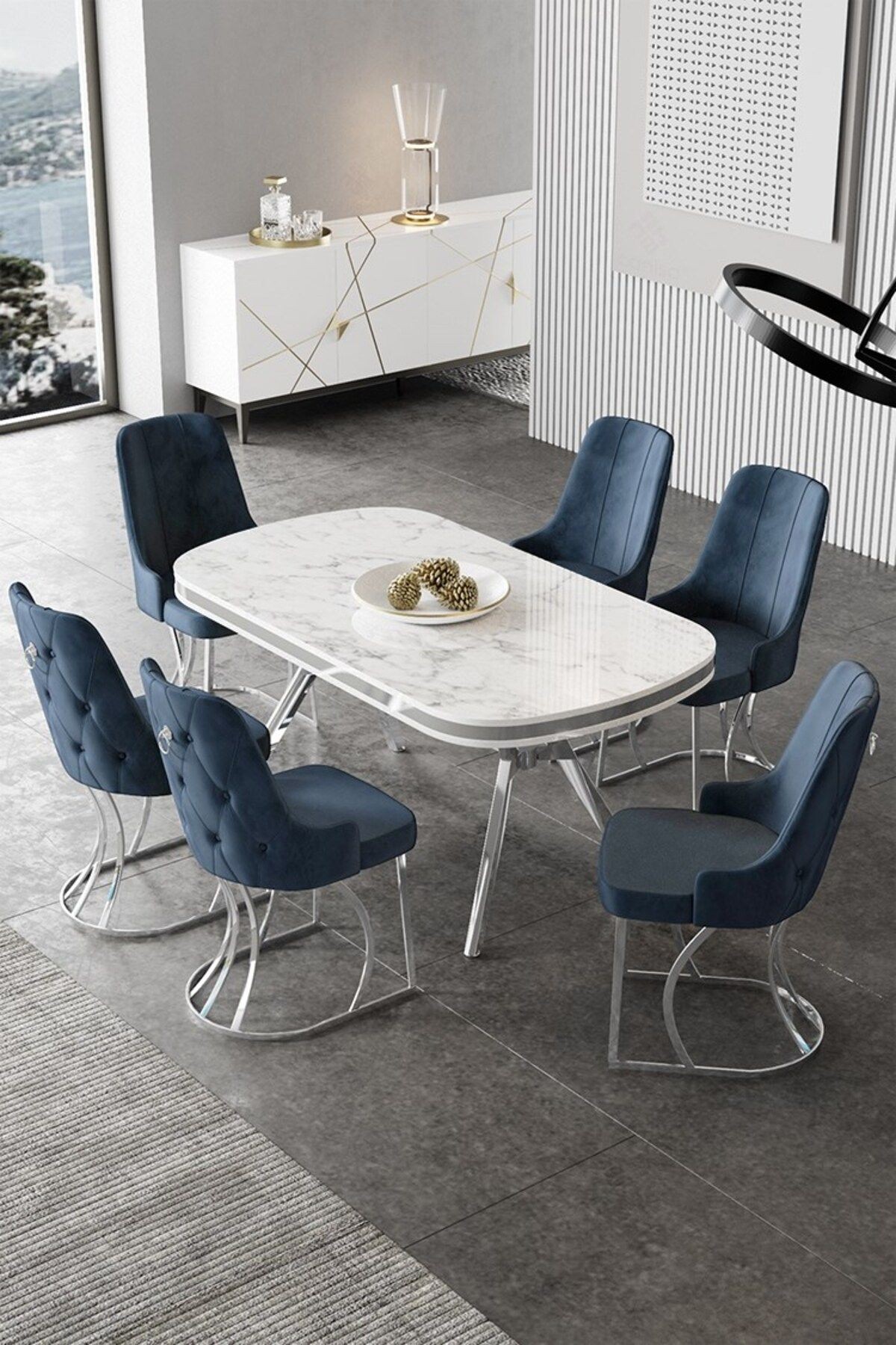 Epal Serisi 90x168 Lak Panel Beyaz Mermer Desen Masa ve 6 Sandalye Krom Kaplama Ayak
