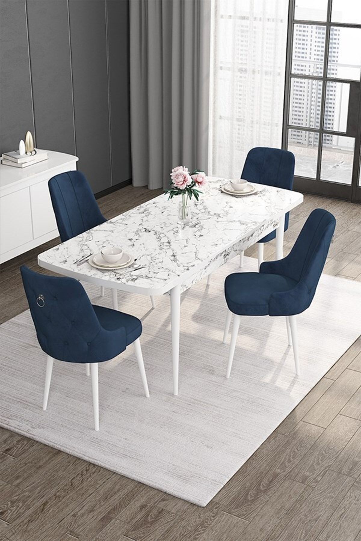 Noa Serisi 80x132 Mdf Açılabilir Gümüş Halka Beyaz Mermer Desen Masa Takımı Ve 4 Sandalye