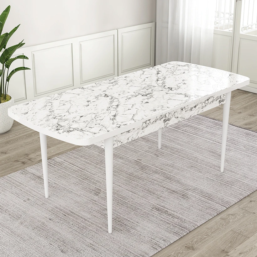 Roz Serisi 80x132 Mdf Açılabilir Gümüş Halka Beyaz Mermer Desen Masa Takımı Ve 4 Sandalye