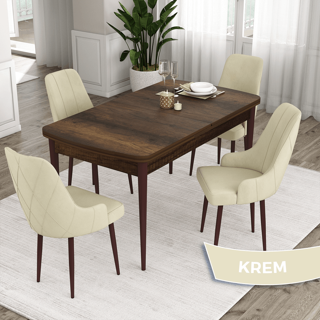 Ram Serisi 80x132 Açılabilir Barok Ahşap Desen Masa Takımı ve 4 Sandalye