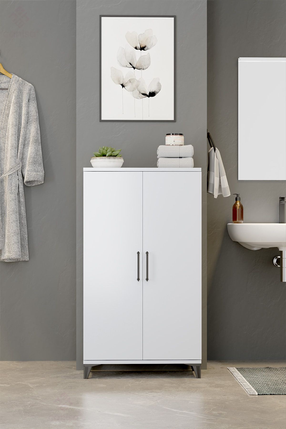 Polax Beyaz Çok Amaçlı Kapaklı Siyah Dekoratif Kulplu Banyo Dolabı