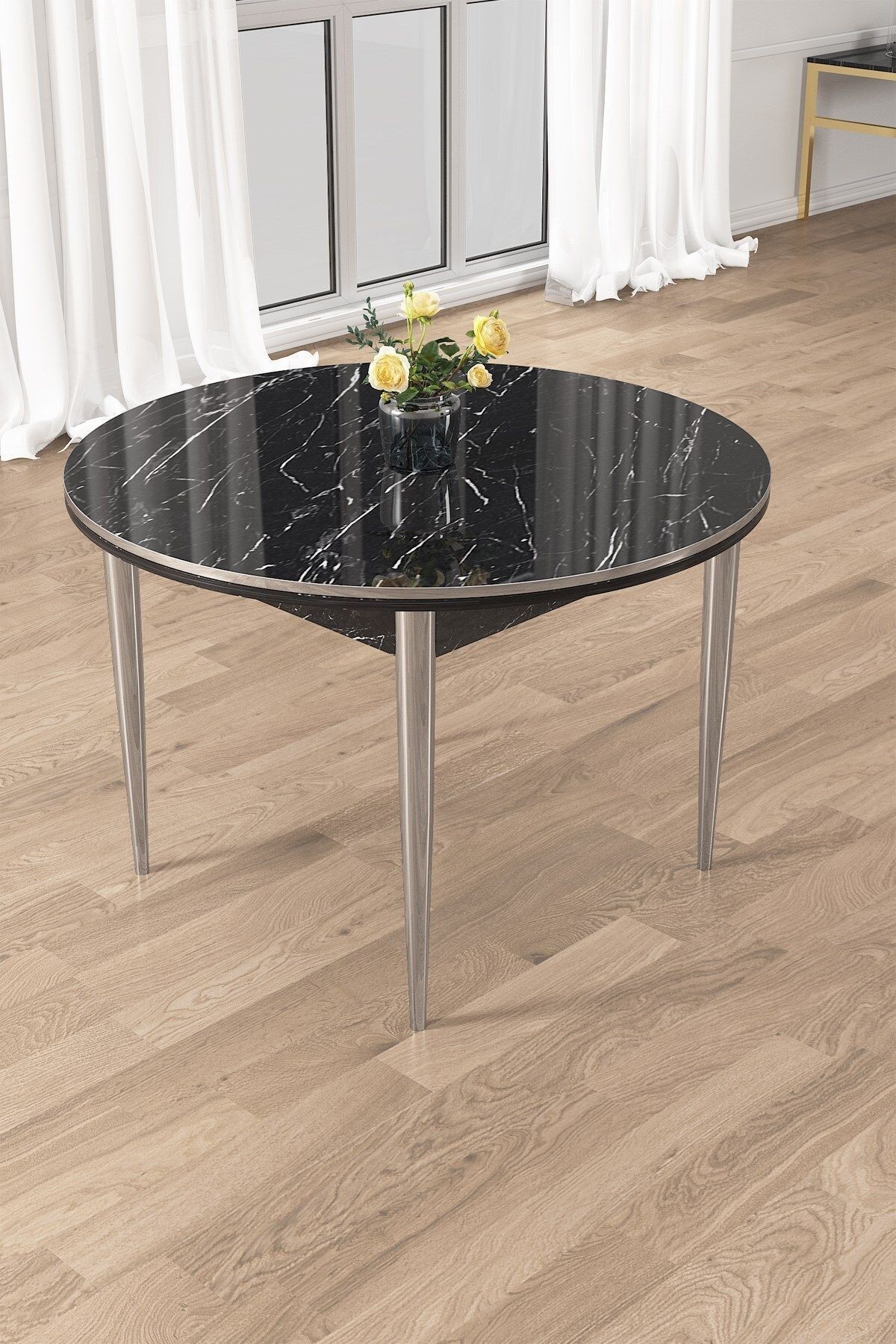 Siyah Mermer Desen 90 X 90 Sabit Yuvarlak Yemek Masası Krom Metal Ayak